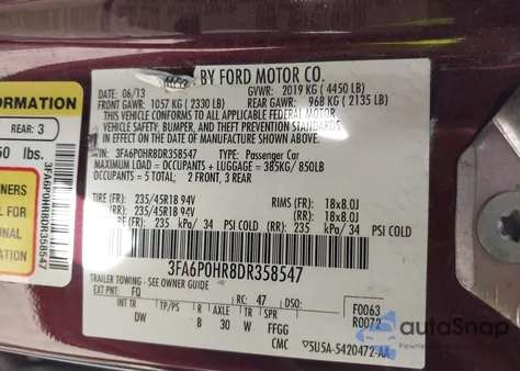 2013 Ford Fusion Se z USA, uszkodzony, nr VIN 3FA6P0HR8DR358547